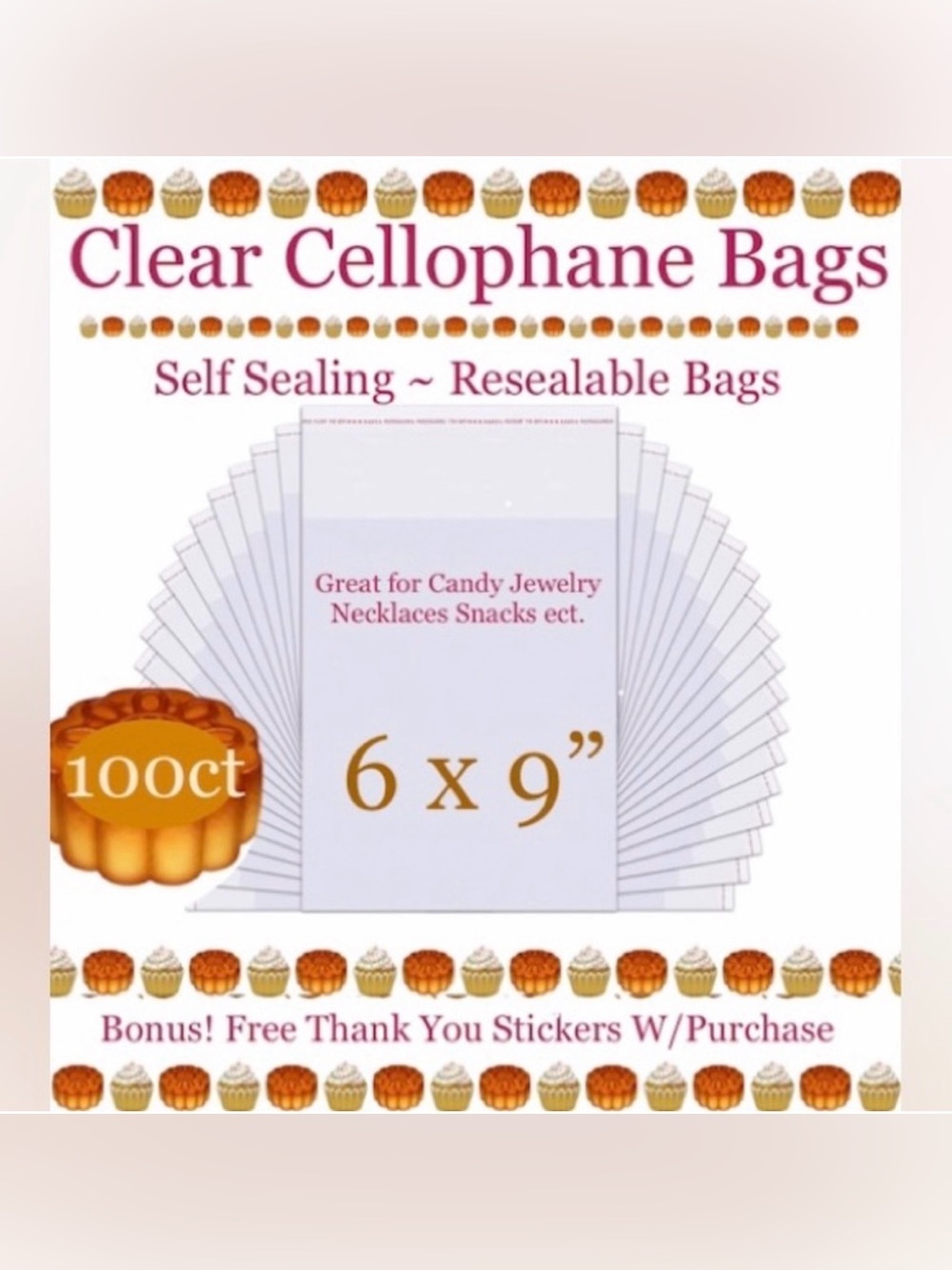 100ct ~6’x9’ Crystal Clear Cello Bags w/100ct Free Thank-You Stickers 🍃🆕🍃